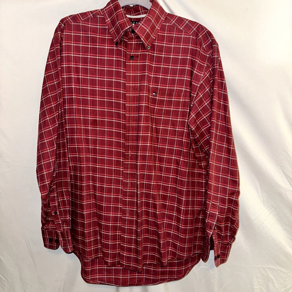 Tommy Hilfiger Mens Medium Red Plaid Long Sleeve Button Down Collard Shirt